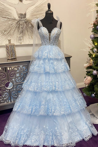 Light Blue Tulle Appliques Tying Strap Ruffle Tiered Long Prom Dress VK23122108