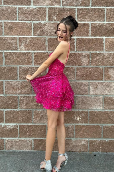 Hot Pink A-Line Sequin Lace Short Homecoming Dresses VK23101210