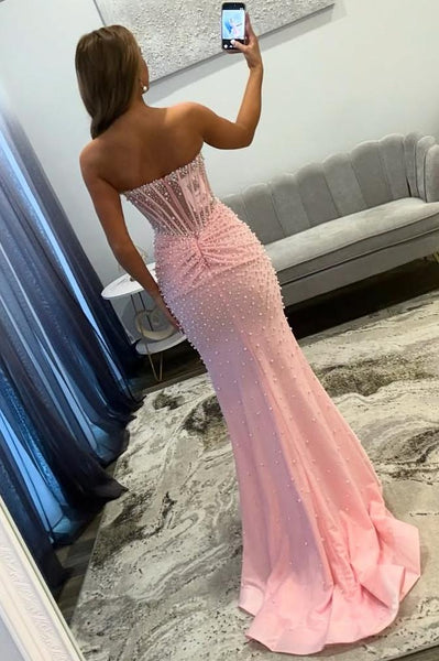 Mermaid Sweetheart Corset Pink Pearls Beaded Long Prom Dresses with Slit VK26010708