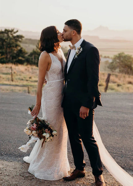 Boho Mermaid V Neck Lace Long Beach Wedding Dresses