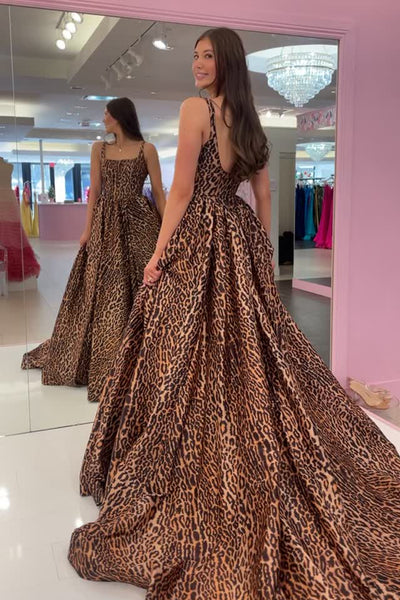 Gorgeous A Line Square Neck Leopard Printed Satin Prom Dress with Train VK26010804