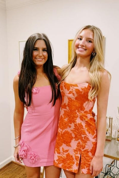 Strapless Pink Jacquard Short Dress with Slit