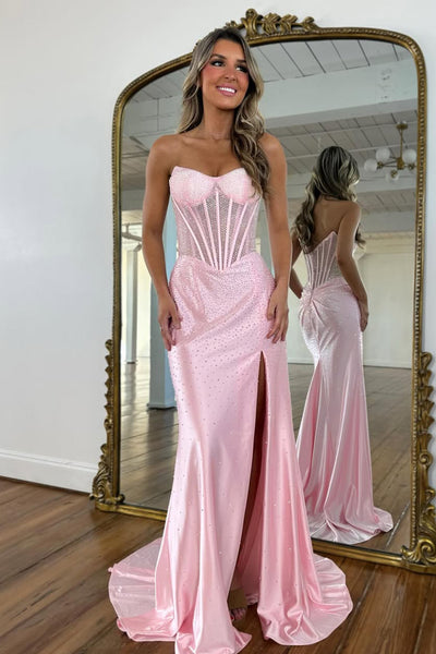 Gorgeous Mermaid Strapless Royal Blue Corset Beaded Prom Dresses with Slit VK26020508