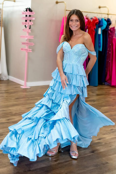 A-Line Off the Shoulder Light Blue Ruffle Tiered Long Prom Dresses with Slit VK021408