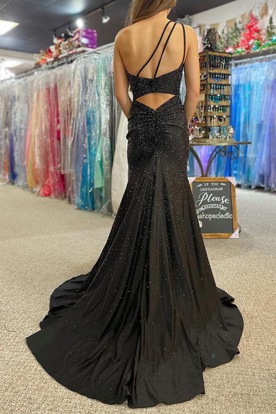 Black One Shoulder Beaded Mermaid Long Prom Dresses VK23112509