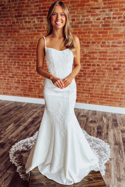 Mermaid Satin Lace Wedding Dresses Boho Appliqued Bride Wedding Gowns