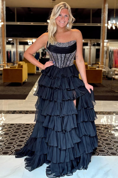 Cute A Line Black Tiered Chiffon Long Prom Dress with Hot Stone Beading VK25061902