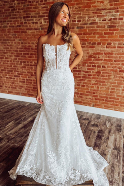 Strapless Mermaid Tulle Bridal Wedding Dresses Lace Appliqued Bride Wedding Gowns