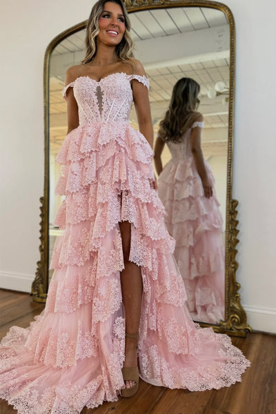 Cute A Line Off the Shoulder Pink Tulle Long Prom Dress