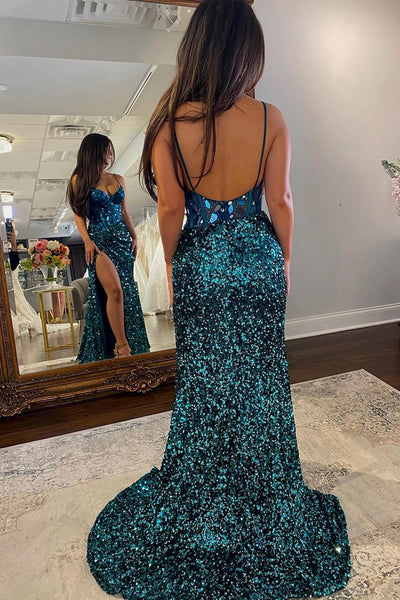 Black Sequins V Neck Mermaid Prom Dresses with Slit VK23120506
