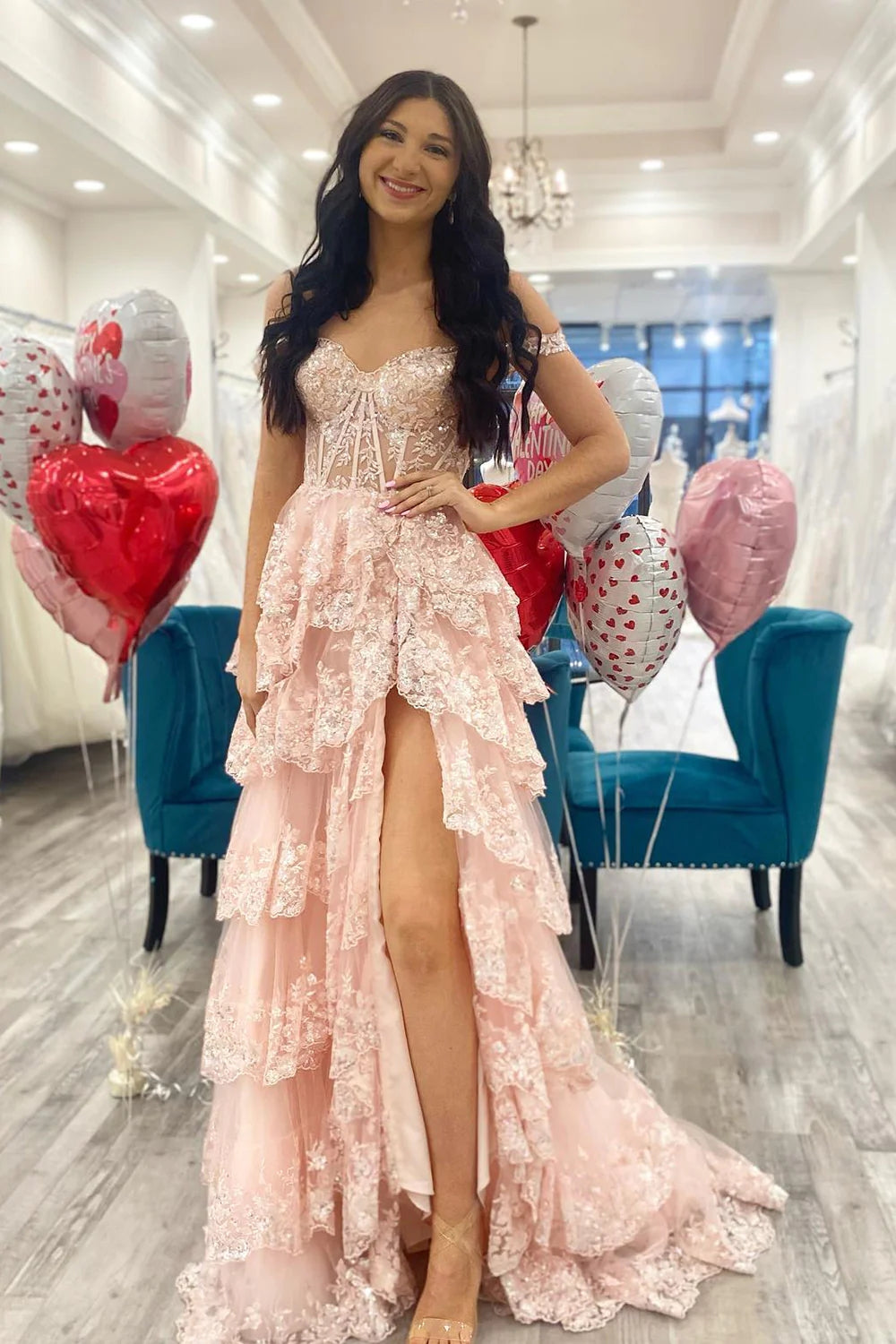 Pink A-Line Off The Shoulder Tiered Prom Dress VK23100609 Vickidress Pink A-Line Off The Shoulder Tiered Prom Dress VK23100609 Vickidress