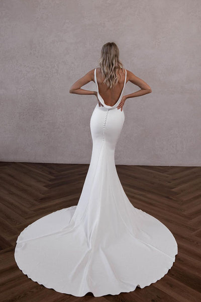 Simple Mermaid V Neck Backless White Satin Wedding Dresses VK23081010