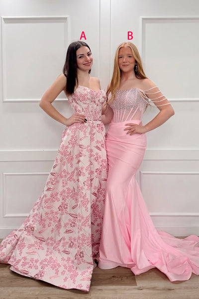 Cute A-Line Strapless Pink Jacquard Satin Long Prom Dresses VKPD007