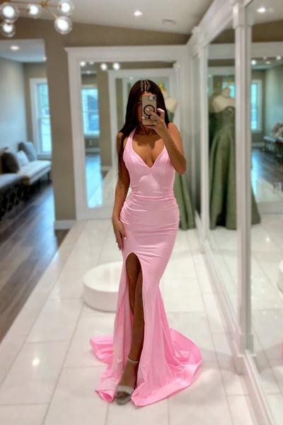 Sexy Mermaid V Neck Pink Satin Long Prom Dress with Slit VK26022302