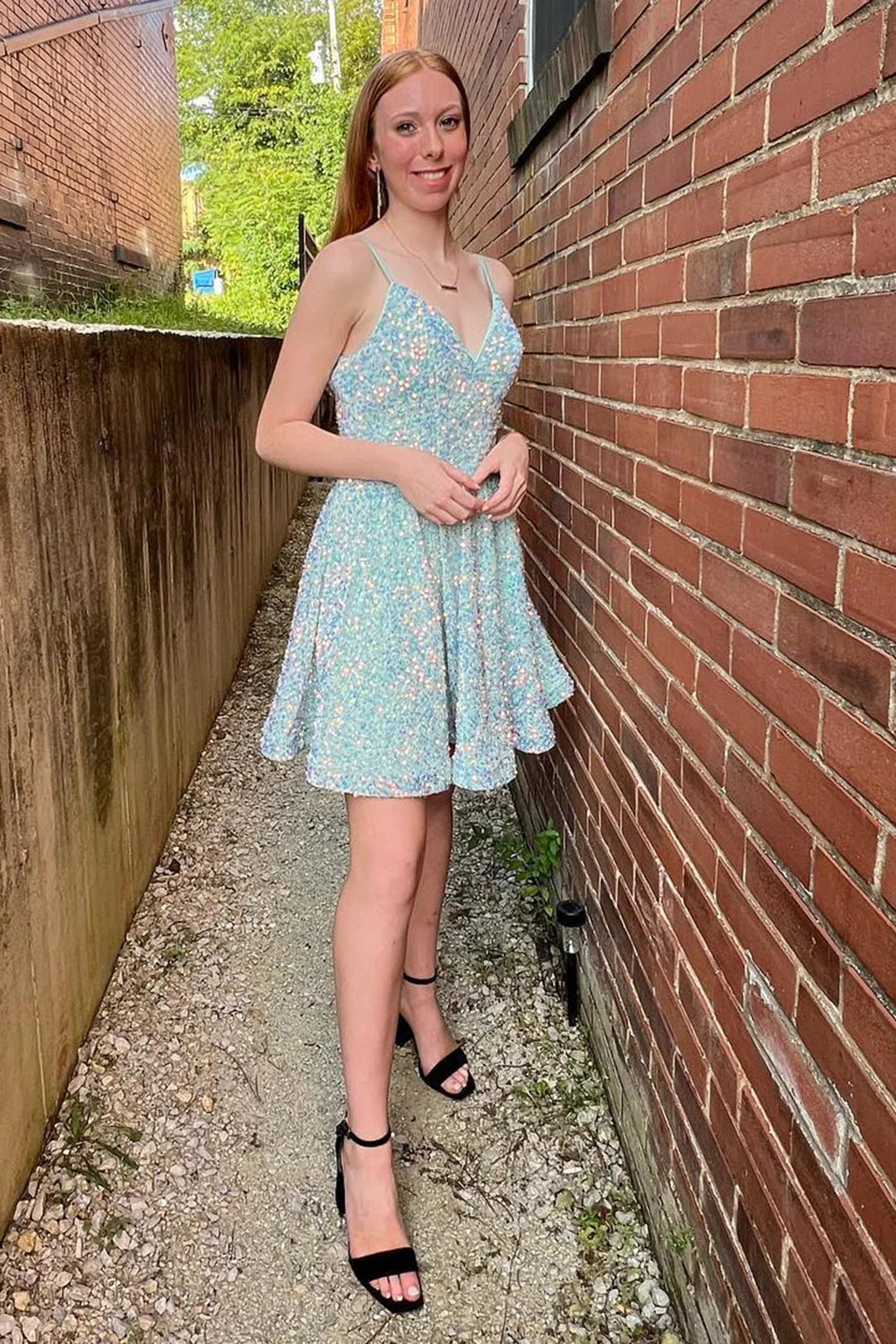 Mint A-Line Backless Sequins Homecoming Dress VK23062309