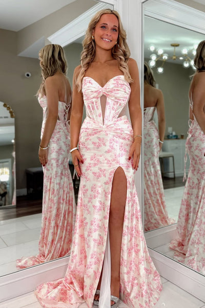Mermaid Sweetheart Strapless Floral Print Long Prom Dresses with Slit VK26012803