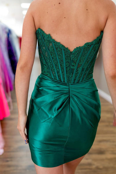 Green Strapless Satin Tight Homecoming Dresses with Appliques VK23101202
