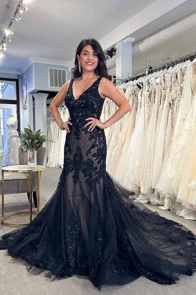 Black V Neck Lace Appliques Mermaid Prom Dresses with Beading VK23120401