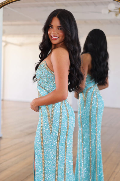 Sparkly Mermaid V Neck Teal Sequins Prom Dress with Slit VK26102607