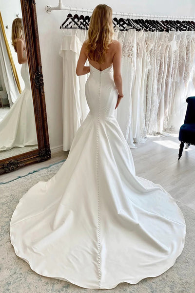 Simple Mermaid Sweetheart White Satin Wedding Dresses VK23082504