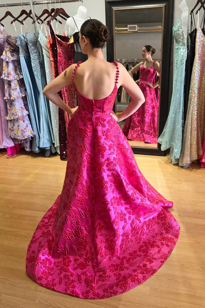 A Line V Neck Straps Fuchsia Red Jacquard Satin Prom Dress with Slit VK030504
