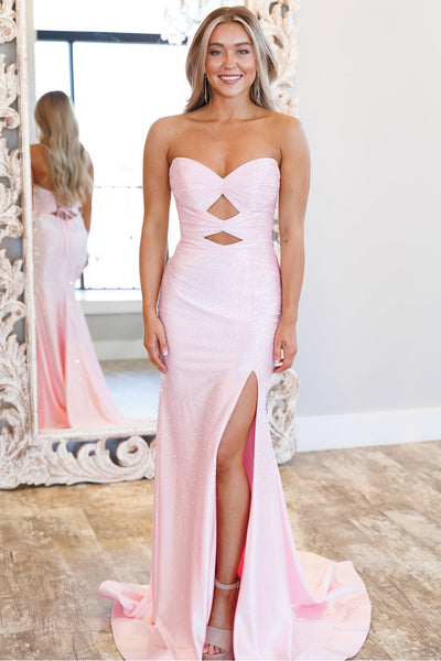 Pink Strapless Satin Beaded Long Mermaid Prom Dresses with Slit VK26010806