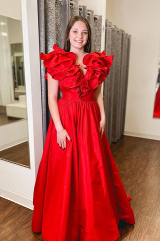 Red Ruffle V Neck Satin A-Line Long Prom Dresses VK24031902