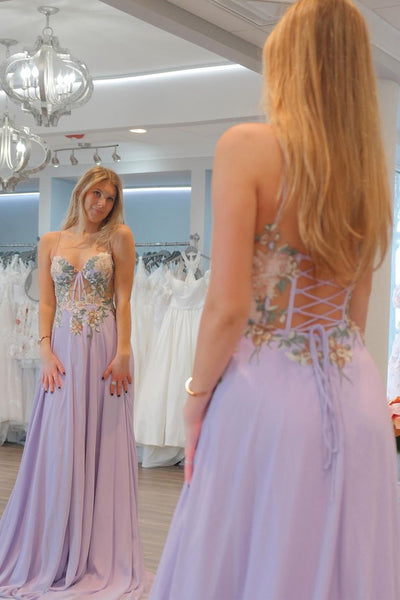 Lilac Sweetheart Chiffon Long Prom Dresses with Appliques VK24031502