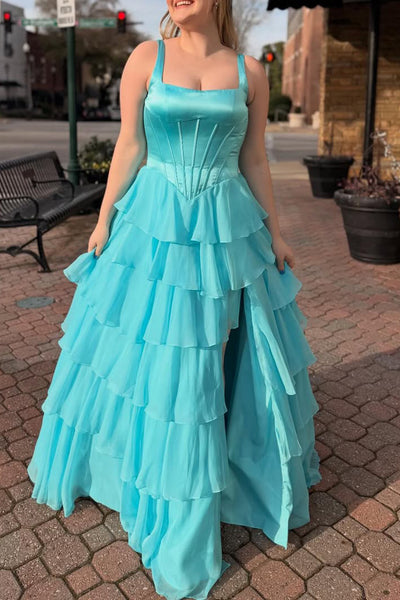 A-Line Square Neck Ruffle Tiered Chiffon Prom Dresses with Slit VK26012708
