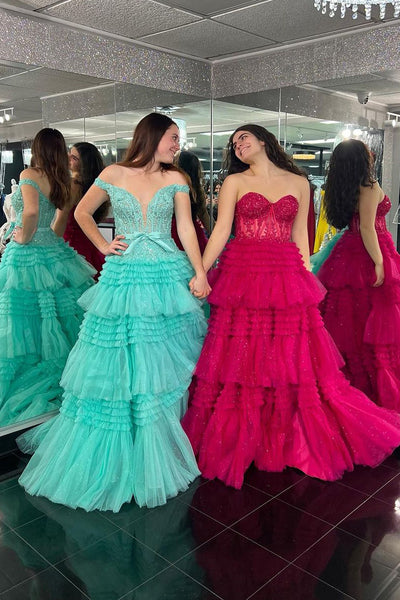 Hot Pink Sweetheart Tiered Tulle Long Prom Dresses with Appliques VK23121102