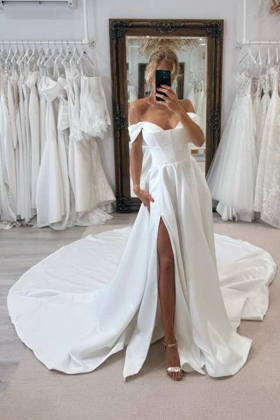 Gorgeous Ball Gown Off the Shoulder Satin Long Wedding Dress with Slit VK25060801