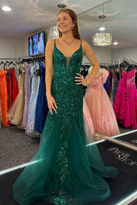 Green V Neck Tulle Appliques Mermaid Long Prom Dresses VK24030902