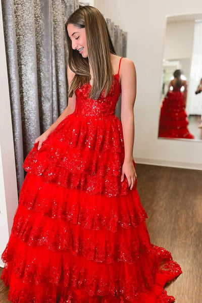 Red Sequin Lace V Neck Tiered A-Line Long Prom Dresses VK23112302