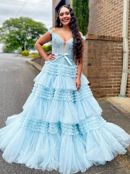 Princess A-Line Off the Shoulder Light Pink Tiered Ruffled Tulle Long Prom Dresses VK23103103