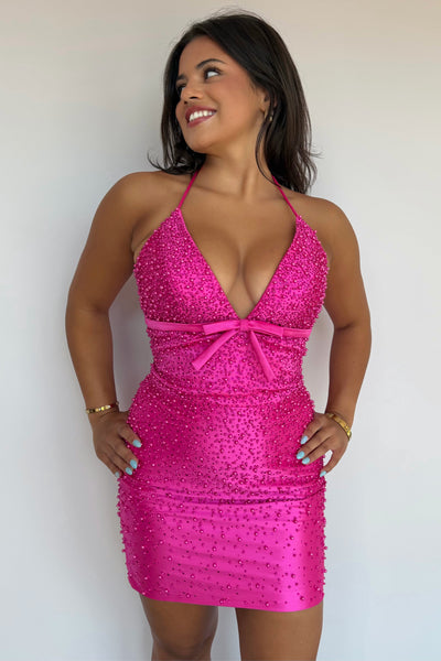 Bodycon Halter Fuchsia Satin Short Homecoming Dresses with Beads VK26081306