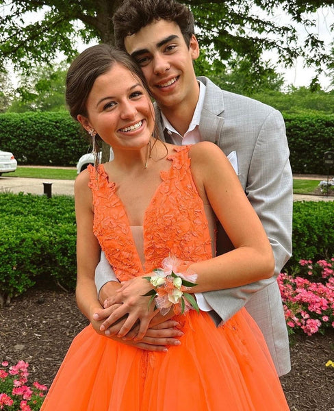 Cute A Line V Neck Orange Tulle Long Prom Dresses with Appliques VK23061007