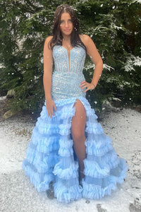 Light Blue Sweetheart Sequins Lace Prom Dresses with Slit VK24011201