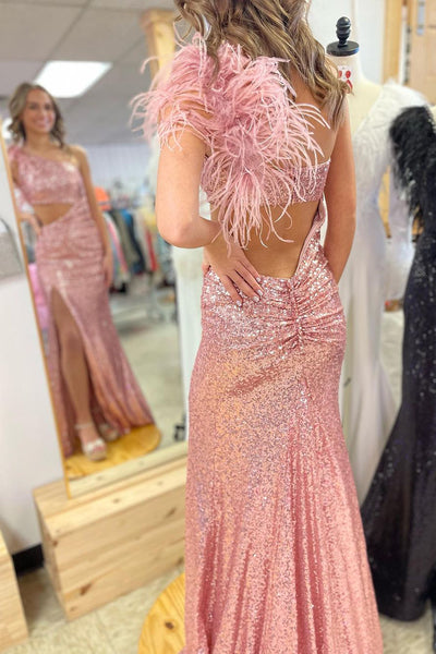 Blush Pink One Shoulder Sequins Long Prom Dresses with Feather VK24020405
