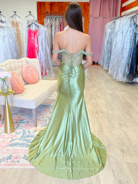 Off Shoulder Mermaid Satin Crystal Beaded Long Prom Dresses with Slit