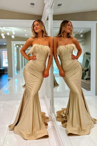 Champagne Satin Sweetheart Feather Mermaid Long Prom Dress VK23112801