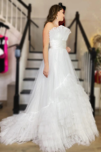White Tulle Strapless Tiered Long Prom Dresses VK23091002
