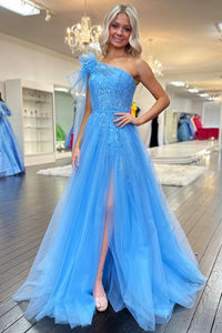 Light Blue One Shoulder Tulle Long Prom Dresses with Lace Appliques VK24011905