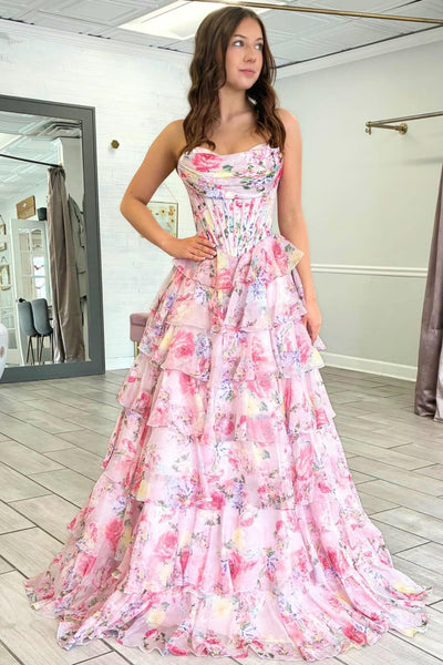 Women's Sweetheart Corset Chiffon Floral Print Long Prom Dresses with Tiered