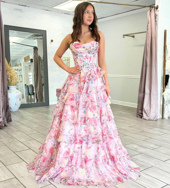 Women's Sweetheart Corset Chiffon Floral Print Long Prom Dresses with Tiered