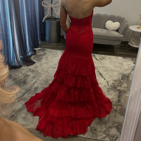 Strapless Tulle Lace Appliqued Tiered Mermaid Long Prom Dresses with Slit