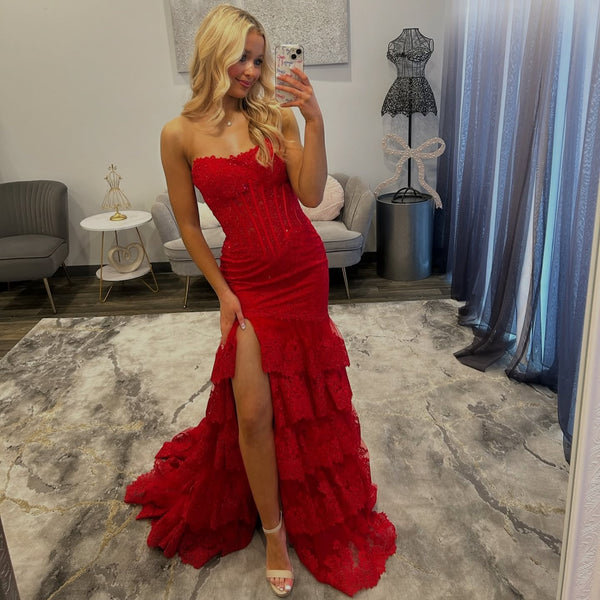 Strapless Tulle Lace Appliqued Tiered Mermaid Long Prom Dresses with Slit