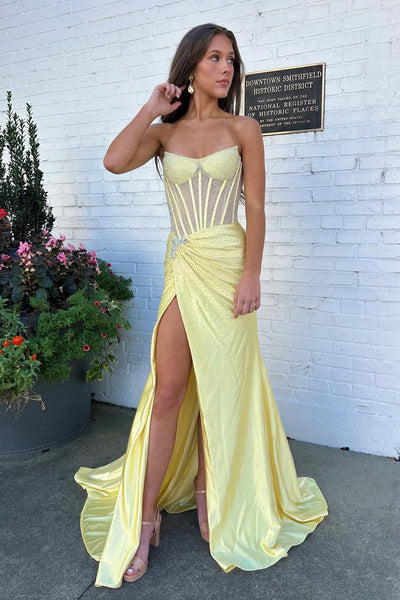 Stunning Mermaid Scoop Neck Sparkly Daffodil Hot Fix Satin Prom Dress VK162004