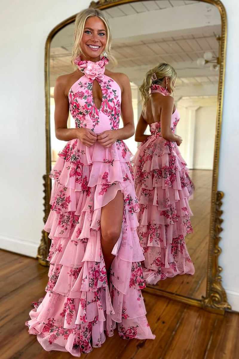 Fashion Mermaid Halter Keyholoe Floral Printed Chiffon Tiered Prom Dress VK25010402