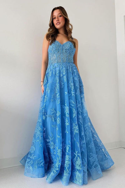 Blue Spaghetti Straps Tulle Appliques Long Prom Dresses VK24032404