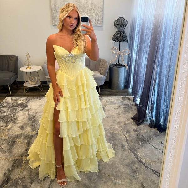 A Line Strapless Corset Chiffon Tiered Crystal Long Prom Dresses with Slit